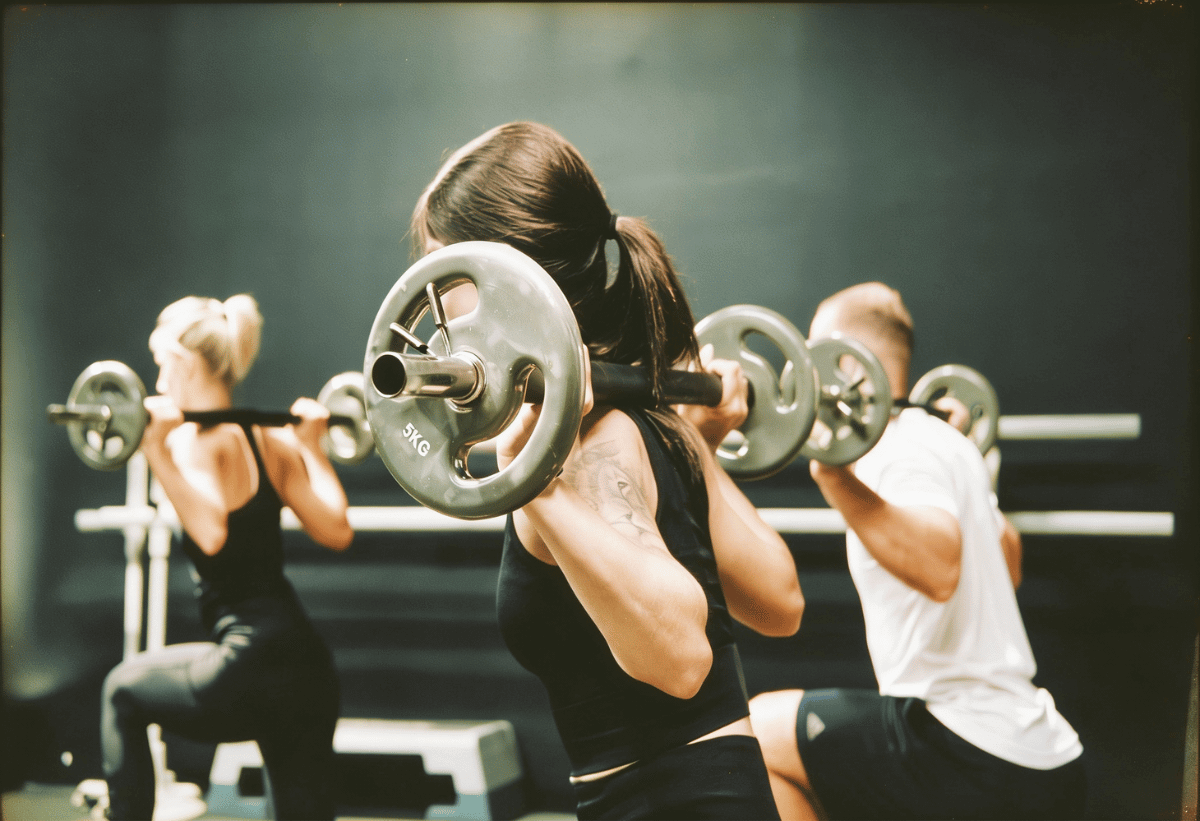 Weight Lifting Class 2 women and 1 man squating