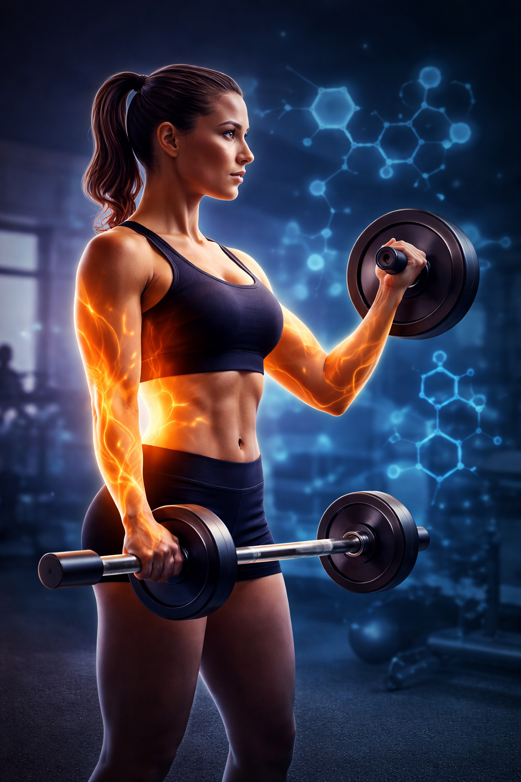 Woman lifting weights with a futuristic background
